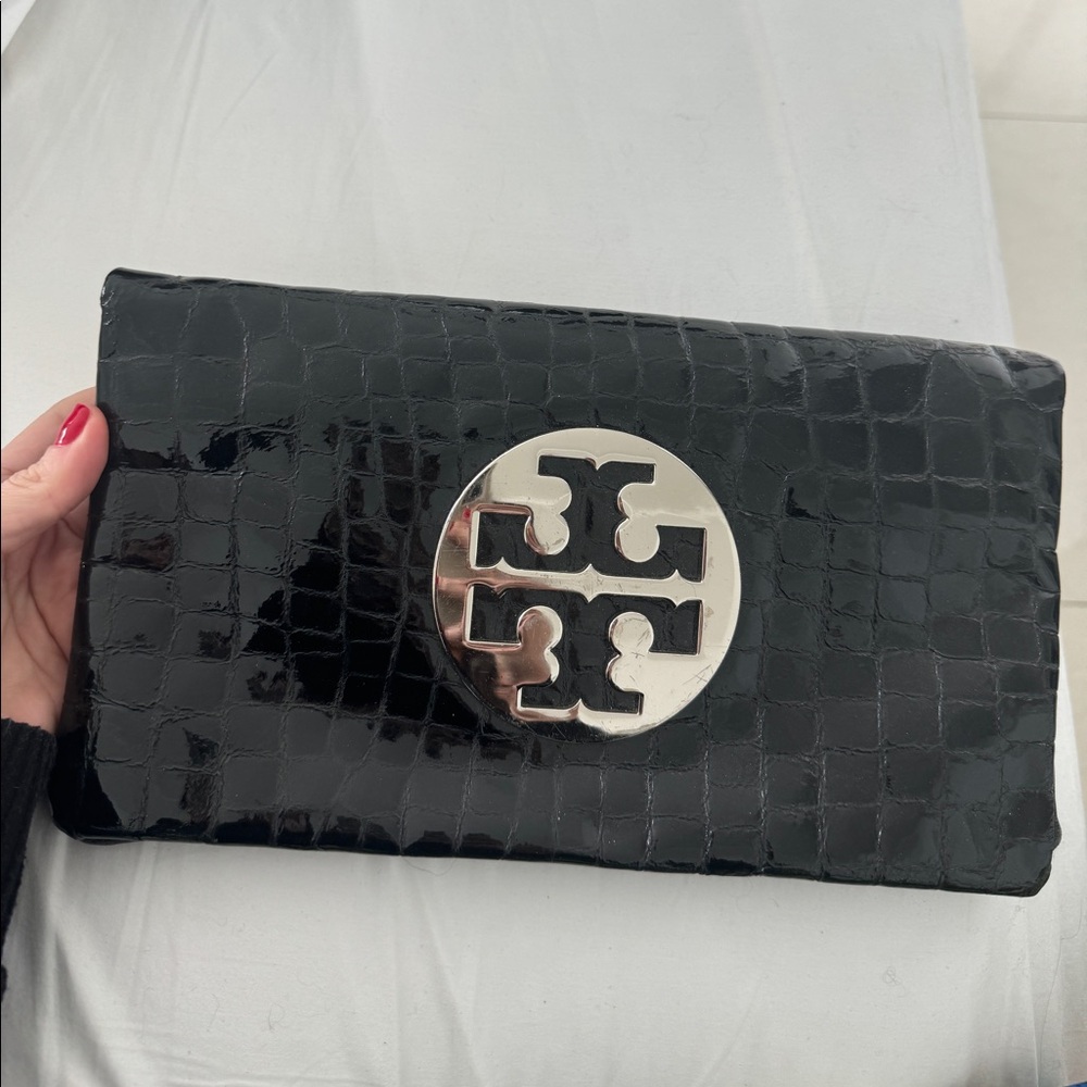 Tory Burch black patent leather snakeskin clutch